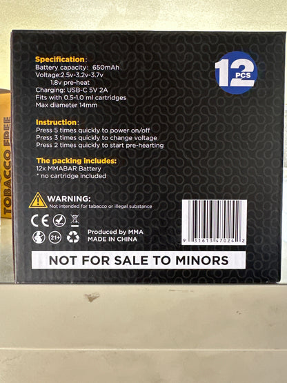 MMA Bar 650mah Discrete Bar 12pk