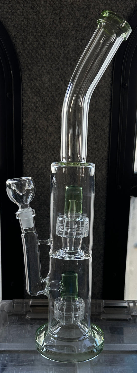Glass 15” Bent Neck w/ Dual Barrel Percs Water Pipe